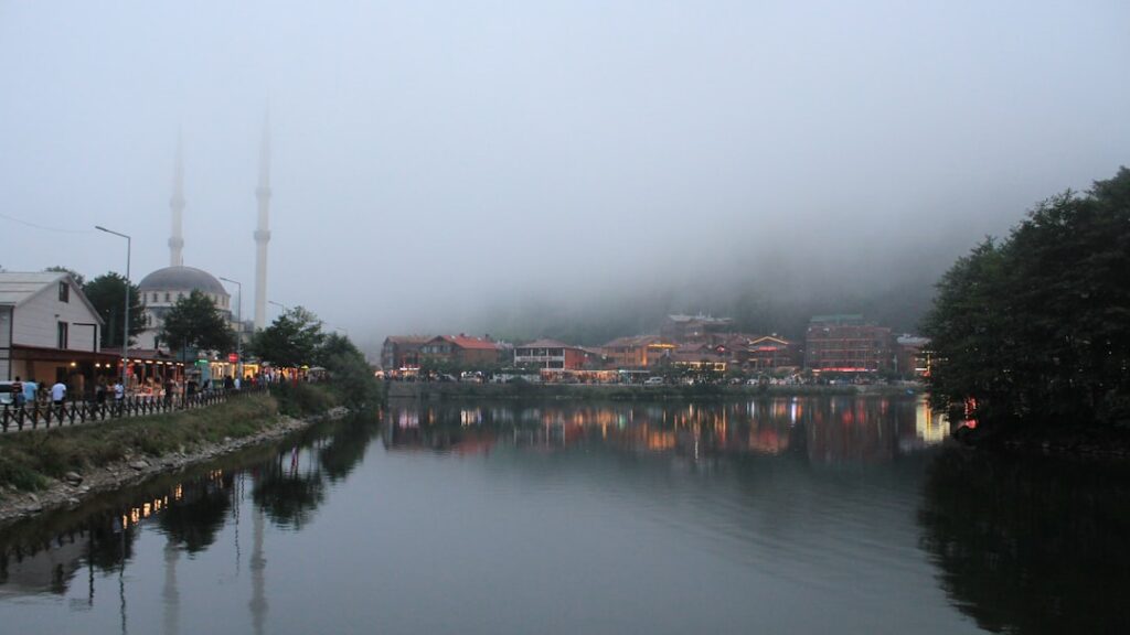 Turkey — Uzungol lake and mosque in the green highlands